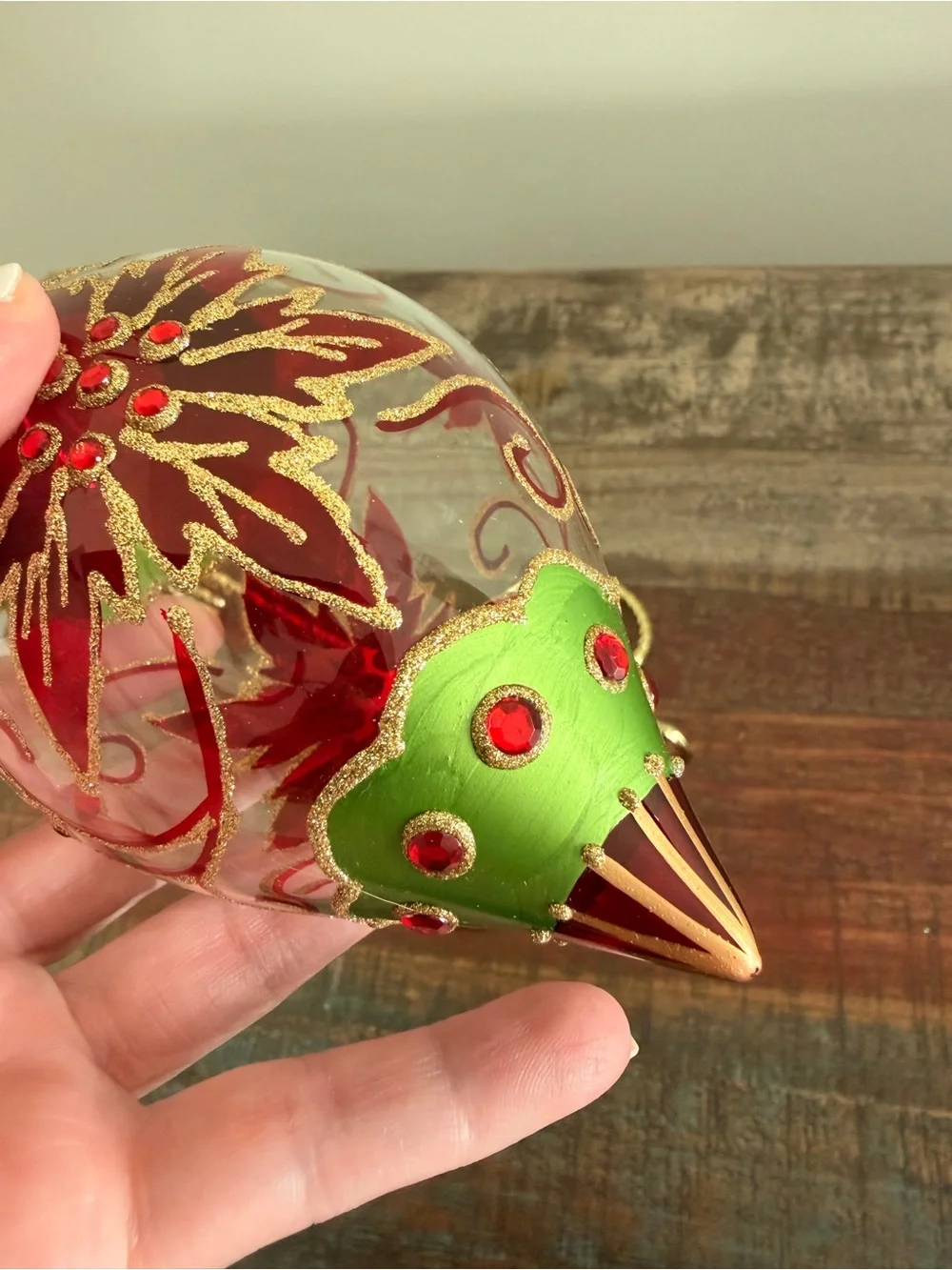 Vintage Style Glass Teardrop Poinsettia Christmas Ornament JS Mark- Excel. Cond.